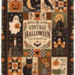 Vintage Halloween Blanket, Patchwork Halloween Throw Blanket, Black Cat Ghost Pumpkin Quilt,, White, Cozy Plush Fleece Blanket - 30x40