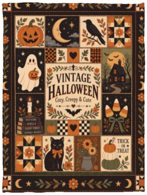 Vintage Halloween Blanket, Patchwork Halloween Throw Blanket, Black Cat Ghost Pumpkin Quilt,, White, Cozy Plush Fleece Blanket - 30x40