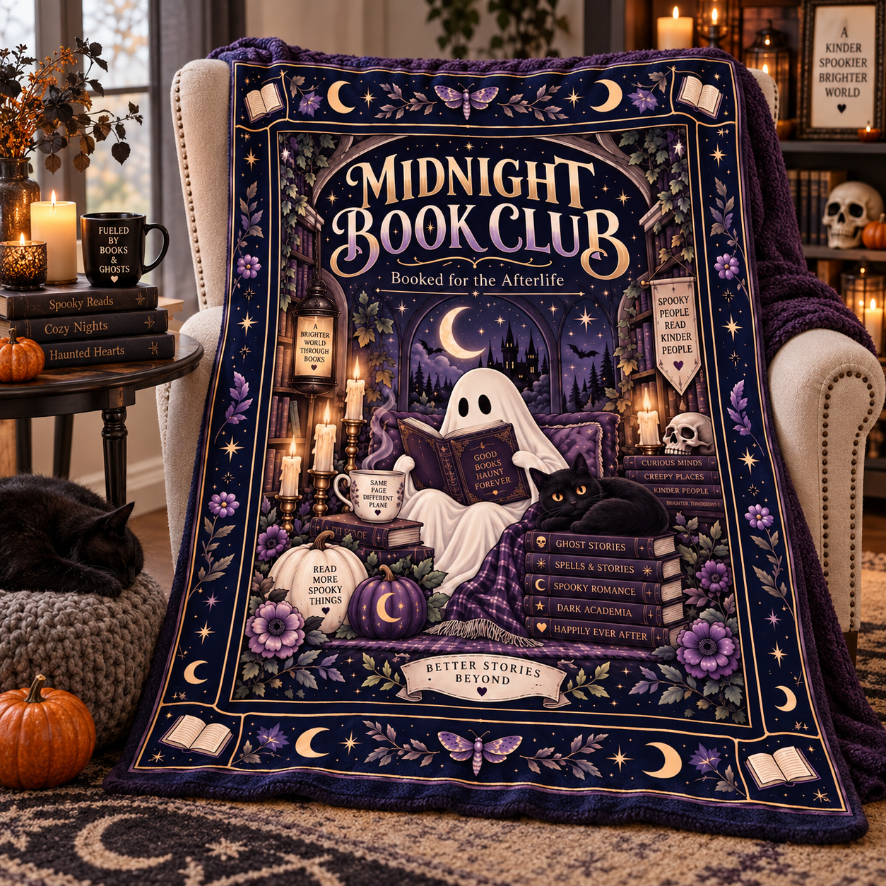 Midnight Book Club Ghost Blanket, Booked for the Afterlife Bookish Halloween Throw, Dark Academia Reading Blanket, Spooky Book Lover Gift - Image 6