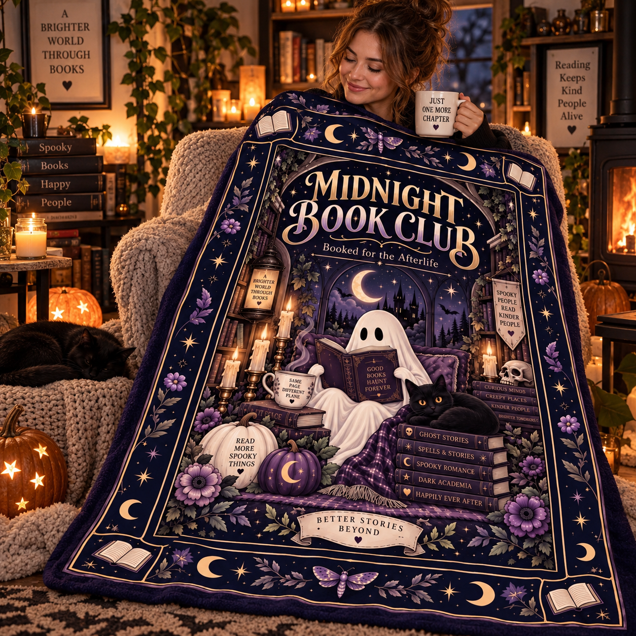 Midnight Book Club Ghost Blanket, Booked for the Afterlife Bookish Halloween Throw, Dark Academia Reading Blanket, Spooky Book Lover Gift - Image 7