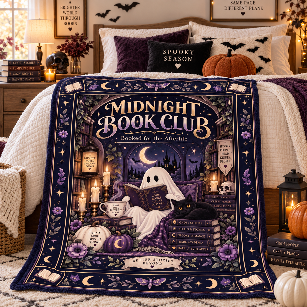 Midnight Book Club Ghost Blanket, Booked for the Afterlife Bookish Halloween Throw, Dark Academia Reading Blanket, Spooky Book Lover Gift - Image 8