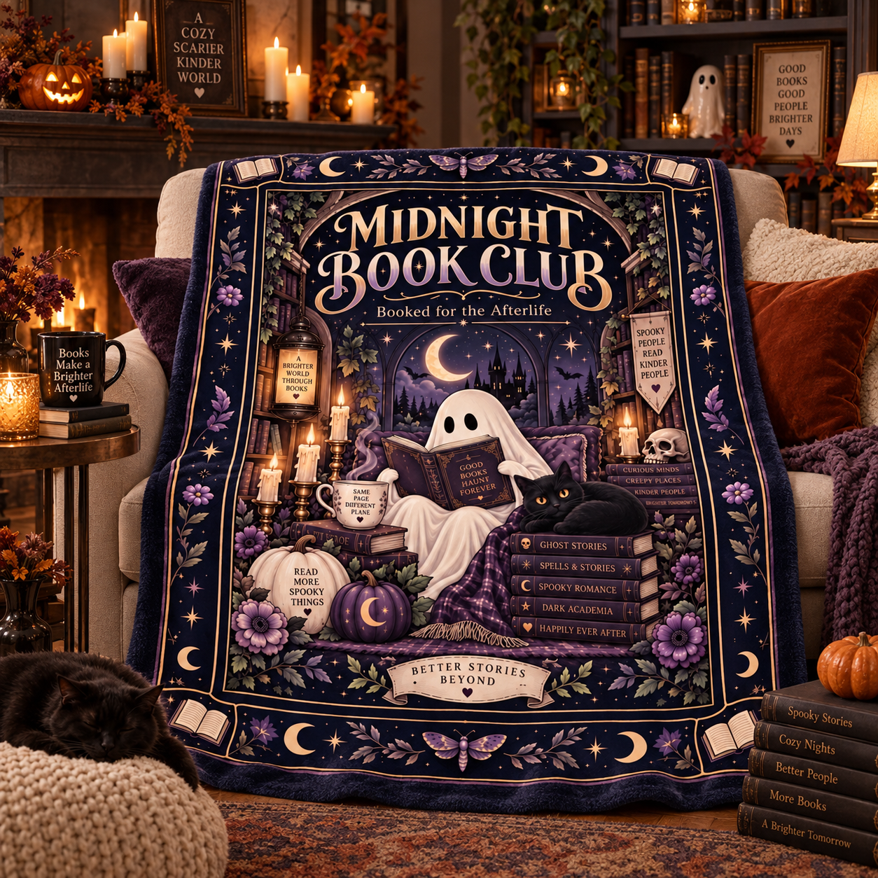 Midnight Book Club Ghost Blanket, Booked for the Afterlife Bookish Halloween Throw, Dark Academia Reading Blanket, Spooky Book Lover Gift - Image 10