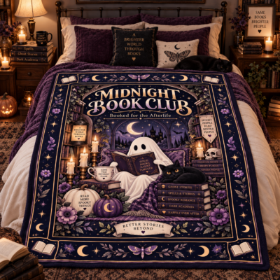 Midnight Book Club Ghost Blanket, Booked for the Afterlife Bookish Halloween Throw, Dark Academia Reading Blanket, Spooky Book Lover Gift