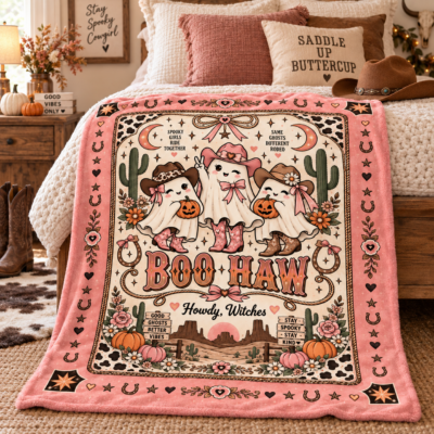 Alternative view of Boo Haw Cowgirl Ghost Halloween Blanket, Pink Western Spooky Throw, Cute Cowgirl Halloween Gift