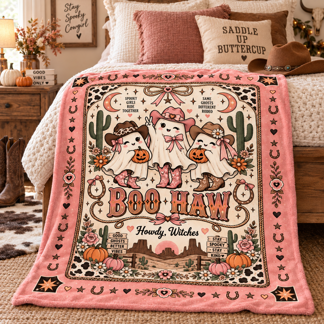 Boo Haw Cowgirl Ghost Halloween Blanket, Pink Western Spooky Throw, Cute Cowgirl Halloween Gift - Image 2