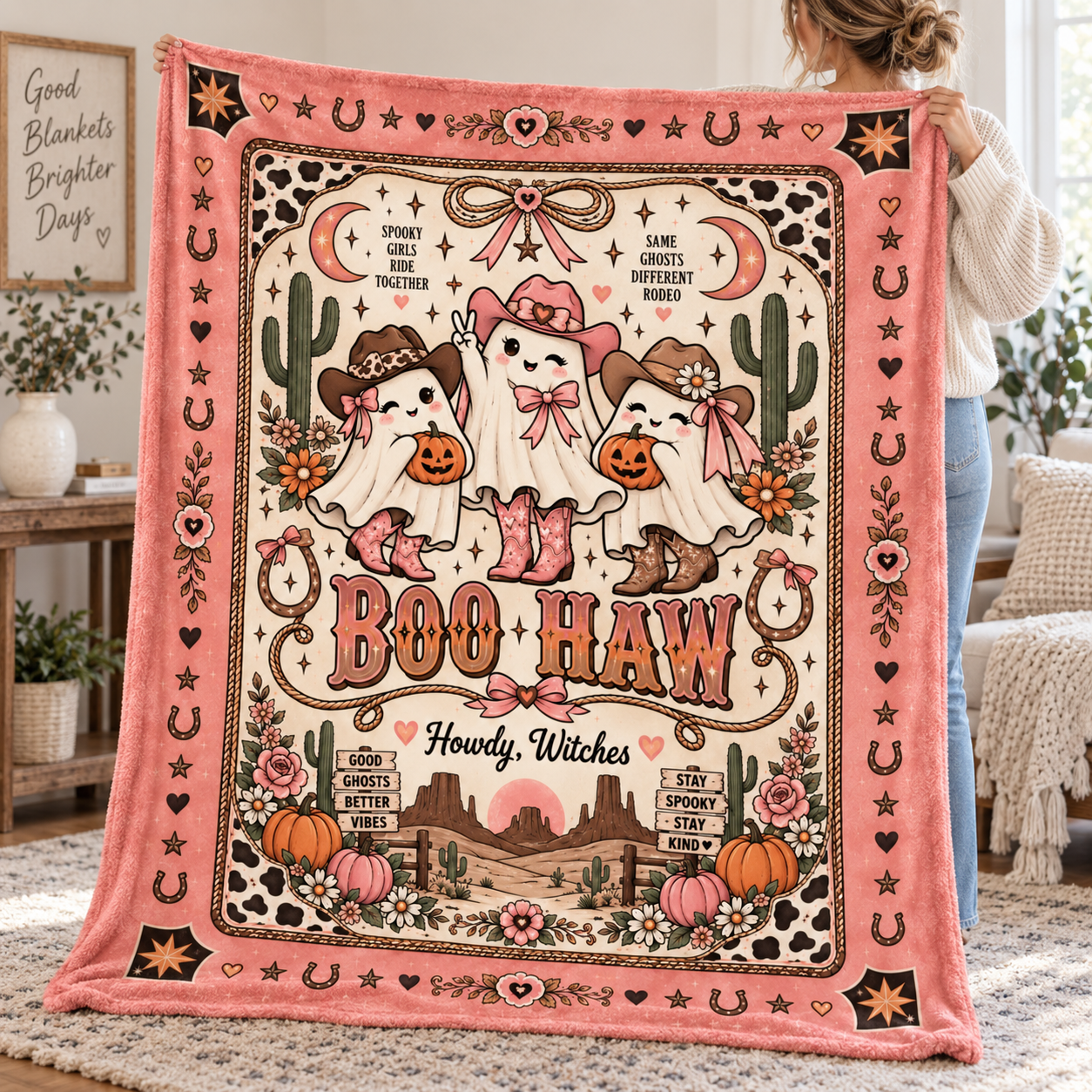 Boo Haw Cowgirl Ghost Halloween Blanket, Pink Western Spooky Throw, Cute Cowgirl Halloween Gift - Image 3
