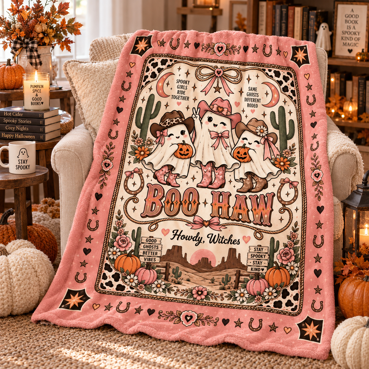 Boo Haw Cowgirl Ghost Halloween Blanket, Pink Western Spooky Throw, Cute Cowgirl Halloween Gift - Image 7