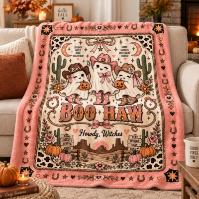 Boo Haw Cowgirl Ghost Halloween Blanket, Pink Western Spooky Throw, Cute Cowgirl Halloween Gift
