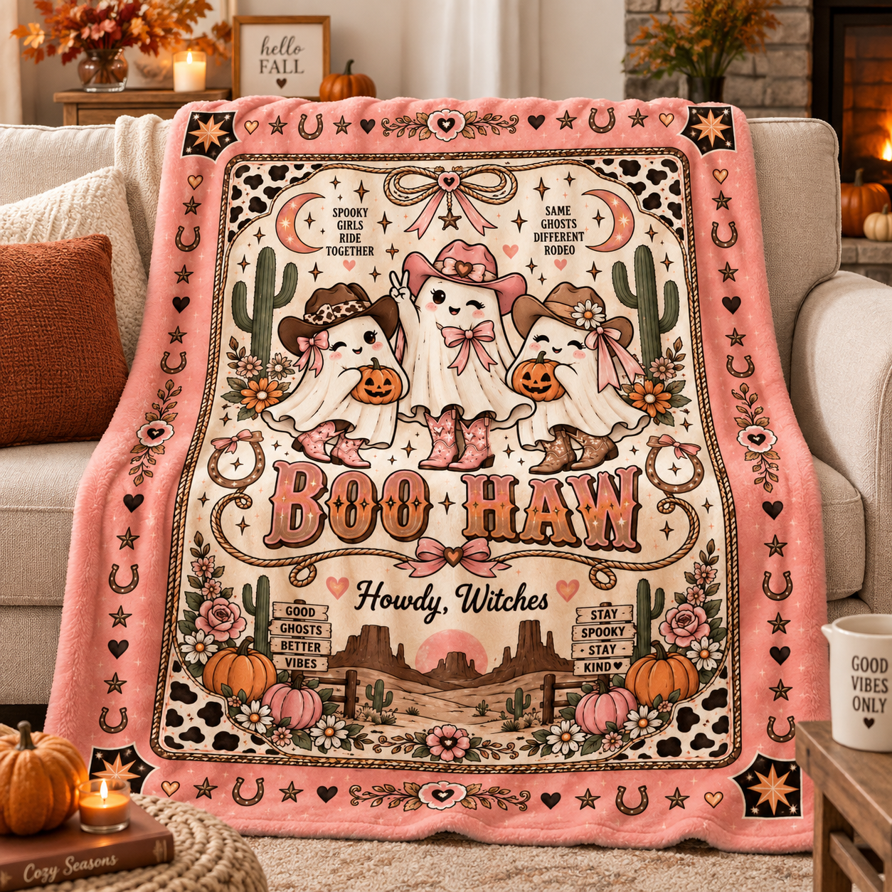 Boo Haw Cowgirl Ghost Halloween Blanket, Pink Western Spooky Throw, Cute Cowgirl Halloween Gift - Image 1