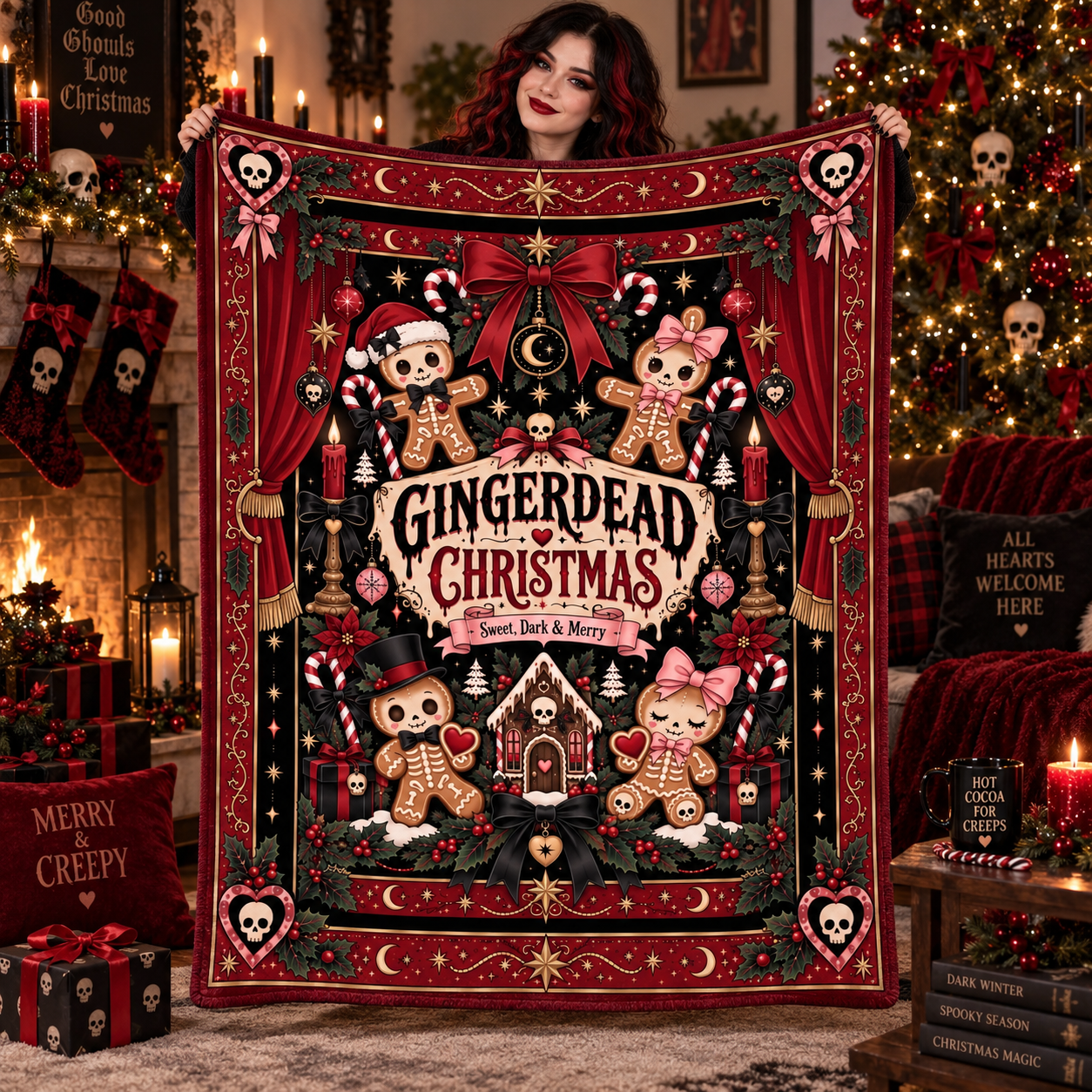 Gothic Gingerbread Christmas Blanket, Spooky Dark Holiday Throw, Gingerdead Christmas Blanket, Alternative Christmas Gift - Image 2