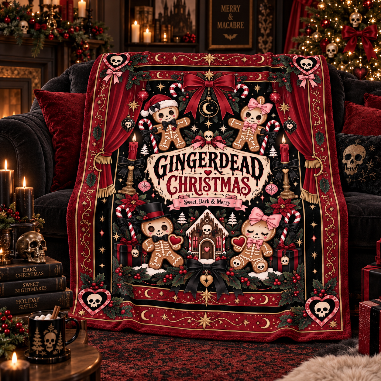 Gothic Gingerbread Christmas Blanket, Spooky Dark Holiday Throw, Gingerdead Christmas Blanket, Alternative Christmas Gift - Image 4
