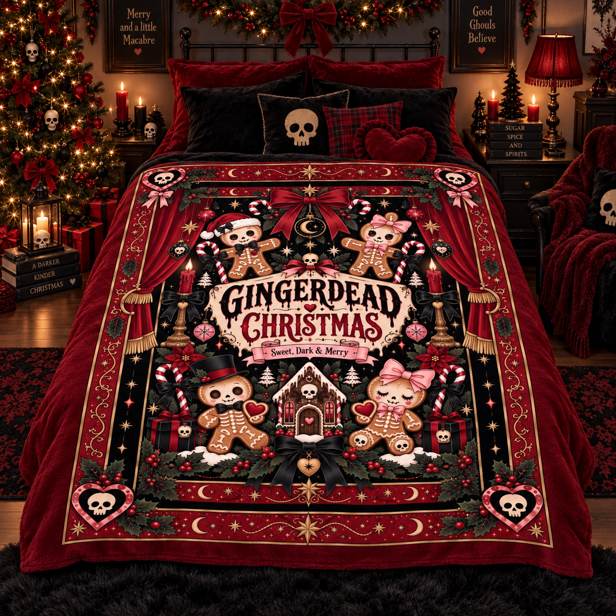 Gothic Gingerbread Christmas Blanket, Spooky Dark Holiday Throw, Gingerdead Christmas Blanket, Alternative Christmas Gift - Image 6