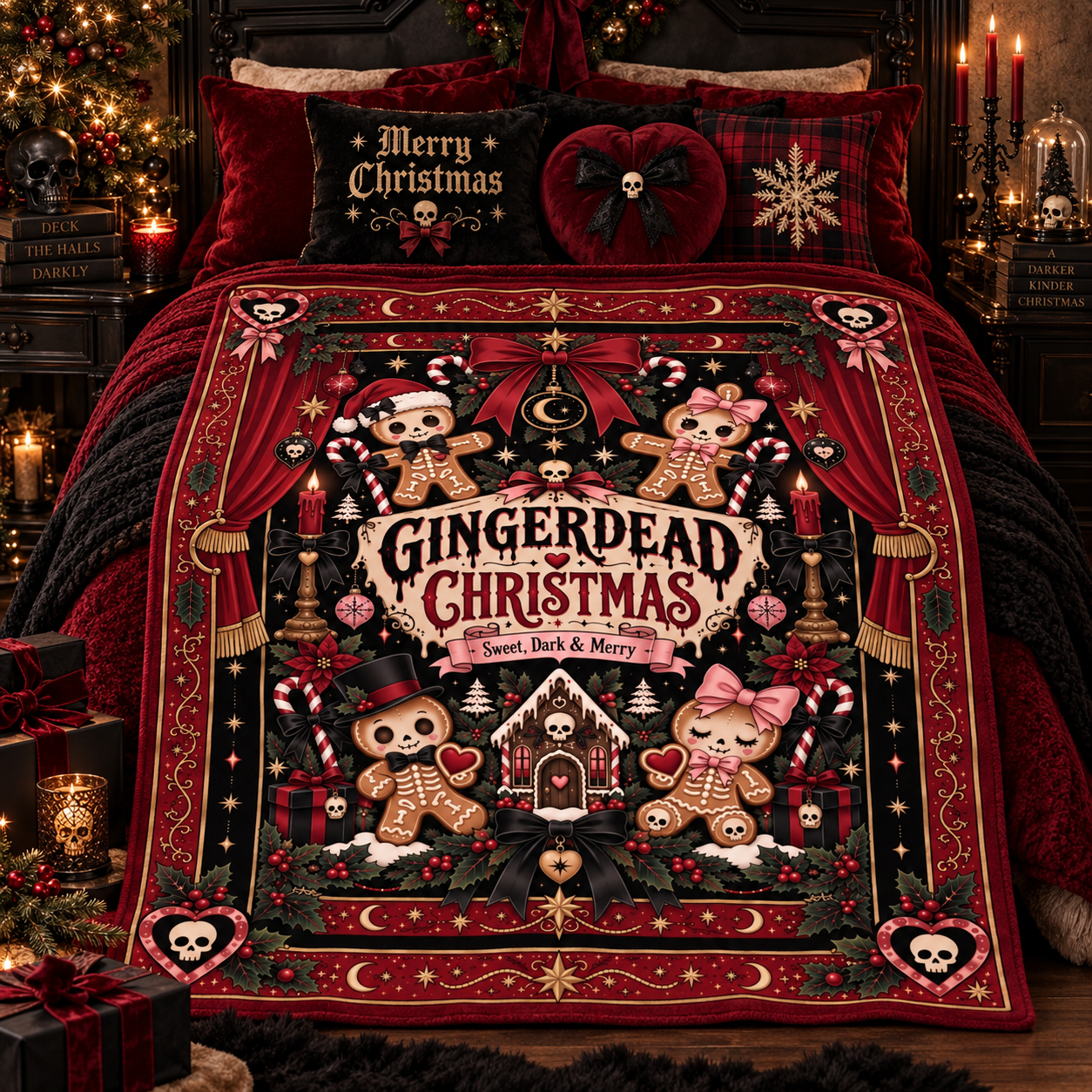 Gothic Gingerbread Christmas Blanket, Spooky Dark Holiday Throw, Gingerdead Christmas Blanket, Alternative Christmas Gift - Image 3