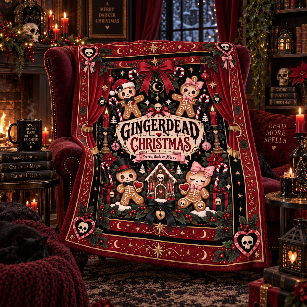 Gothic Gingerbread Christmas Blanket, Spooky Dark Holiday Throw, Gingerdead Christmas Blanket, Alternative Christmas Gift - Image 5