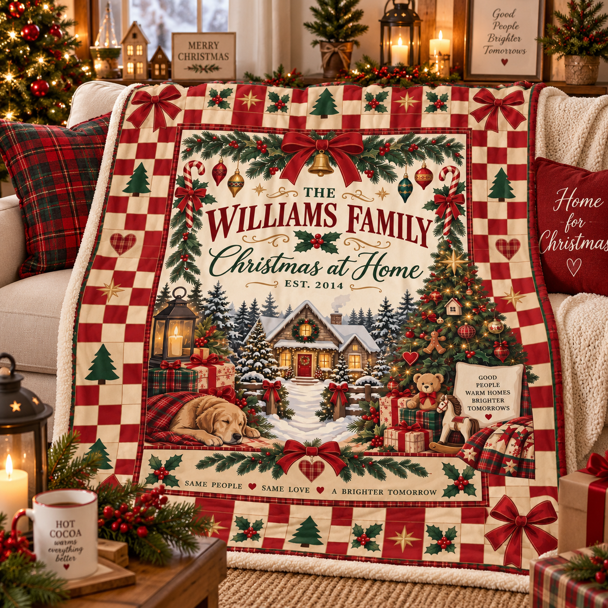 Personalized Family Christmas Blanket, Custom Family Name Christmas at Home Throw, Vintage Red Checkerboard Holiday Blanket, Family Christmas Gift - Image 2