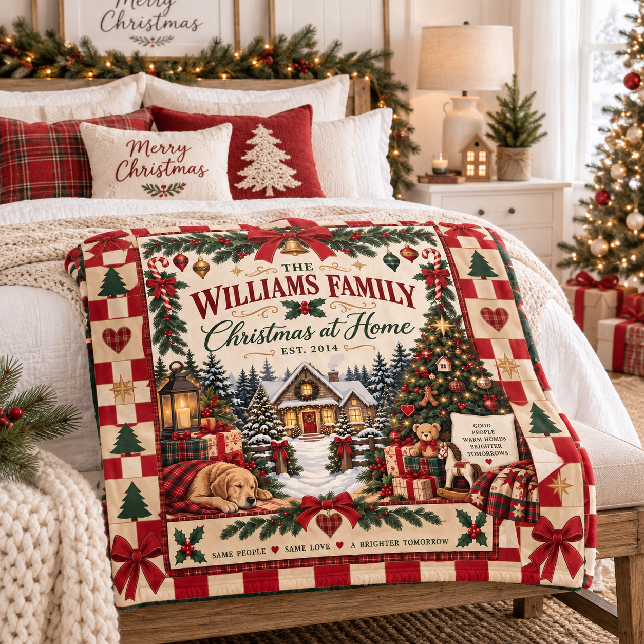 Personalized Family Christmas Blanket, Custom Family Name Christmas at Home Throw, Vintage Red Checkerboard Holiday Blanket, Family Christmas Gift - Image 3
