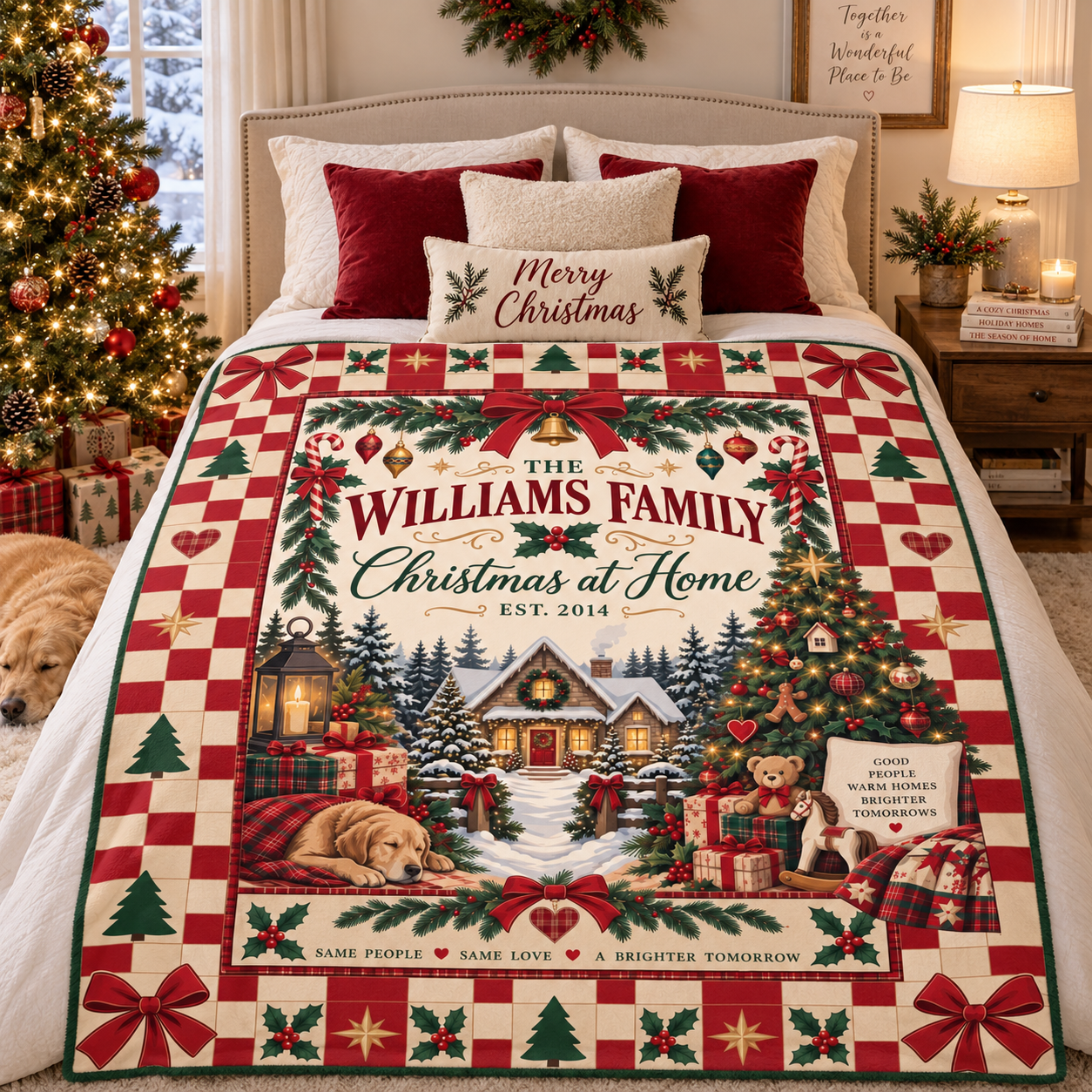 Personalized Family Christmas Blanket, Custom Family Name Christmas at Home Throw, Vintage Red Checkerboard Holiday Blanket, Family Christmas Gift - Image 7