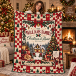 Personalized Family Christmas Blanket, Custom Family Name Christmas at Home Throw, Vintage Red Checkerboard Holiday Blanket, Family Christmas Gift - Thumbnail Image 1