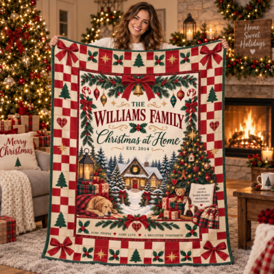 Personalized Family Christmas Blanket, Custom Family Name Christmas at Home Throw, Vintage Red Checkerboard Holiday Blanket, Family Christmas Gift