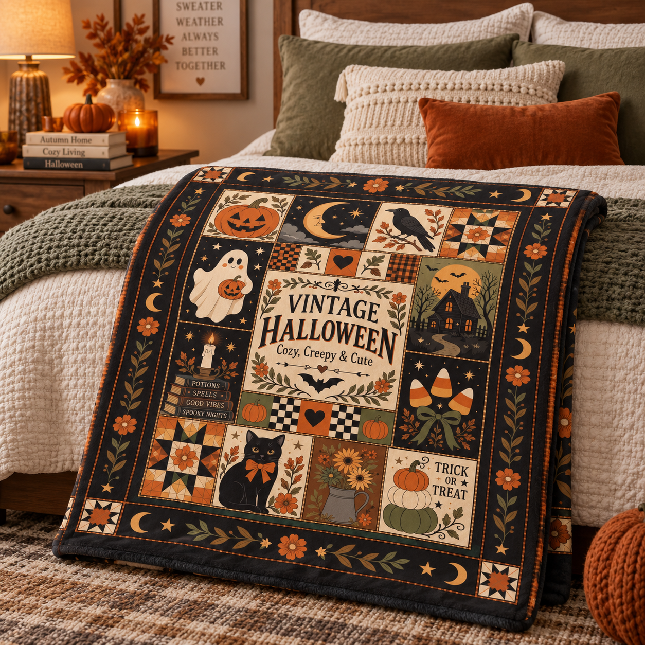 Vintage Halloween Blanket, Patchwork Halloween Throw Blanket, Black Cat Ghost Pumpkin Quilt, Cozy Creepy Cute Halloween Decor - Image 4