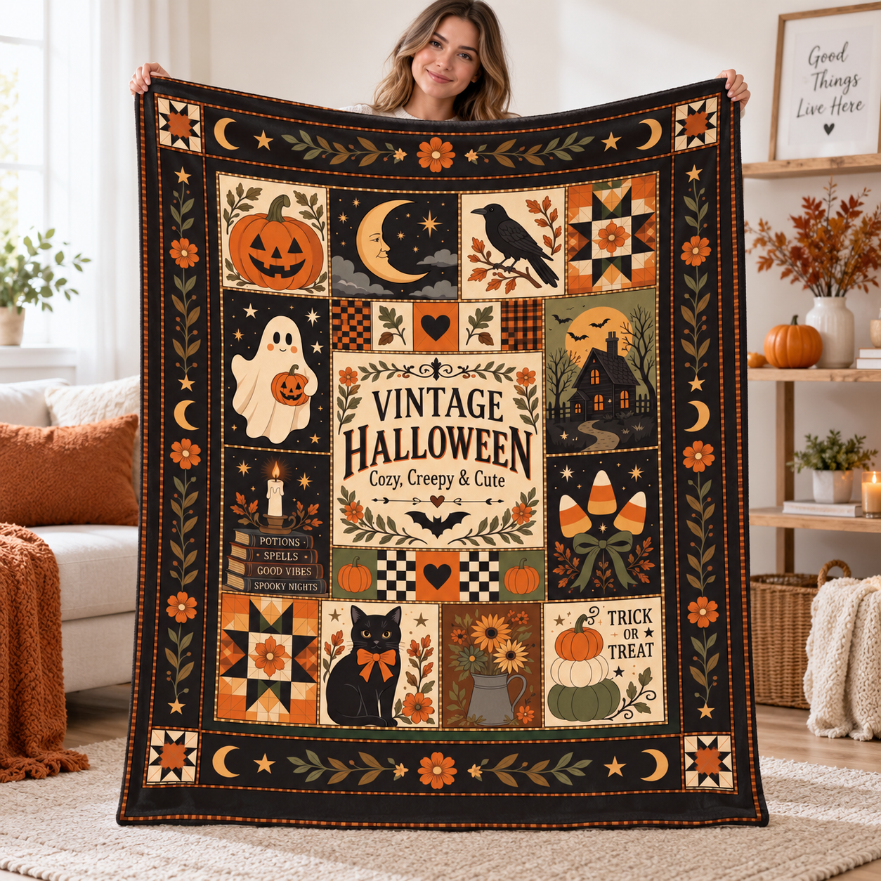 Vintage Halloween Blanket, Patchwork Halloween Throw Blanket, Black Cat Ghost Pumpkin Quilt, Cozy Creepy Cute Halloween Decor - Image 2
