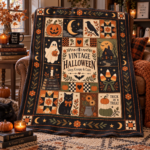 Vintage Halloween Blanket, Patchwork Halloween Throw Blanket, Black Cat Ghost Pumpkin Quilt, Cozy Creepy Cute Halloween Decor - Thumbnail Image 3