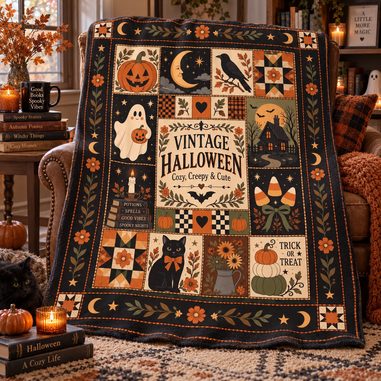 Vintage Halloween Blanket, Patchwork Halloween Throw Blanket, Black Cat Ghost Pumpkin Quilt, Cozy Creepy Cute Halloween Decor - Image 3
