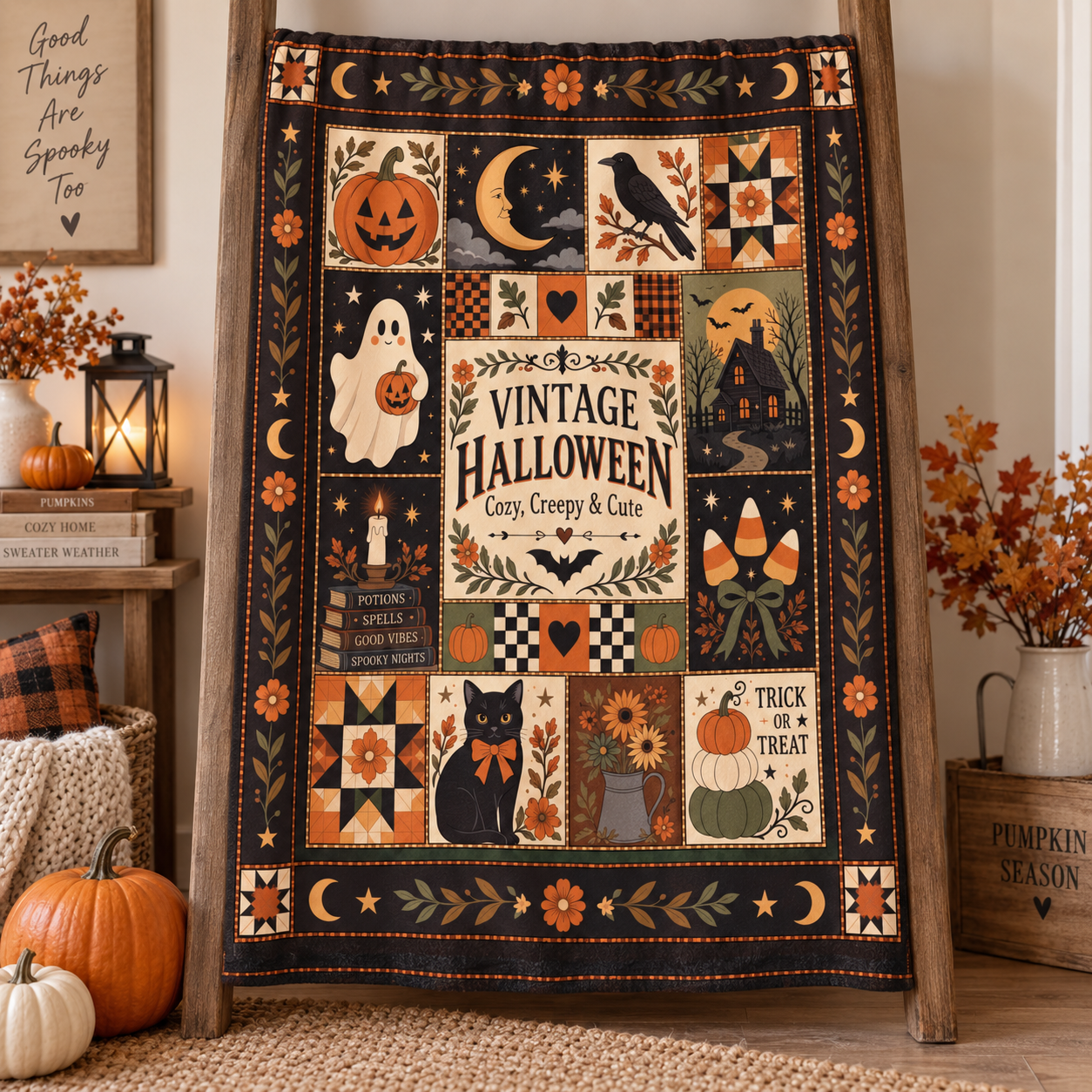 Vintage Halloween Blanket, Patchwork Halloween Throw Blanket, Black Cat Ghost Pumpkin Quilt, Cozy Creepy Cute Halloween Decor - Image 5