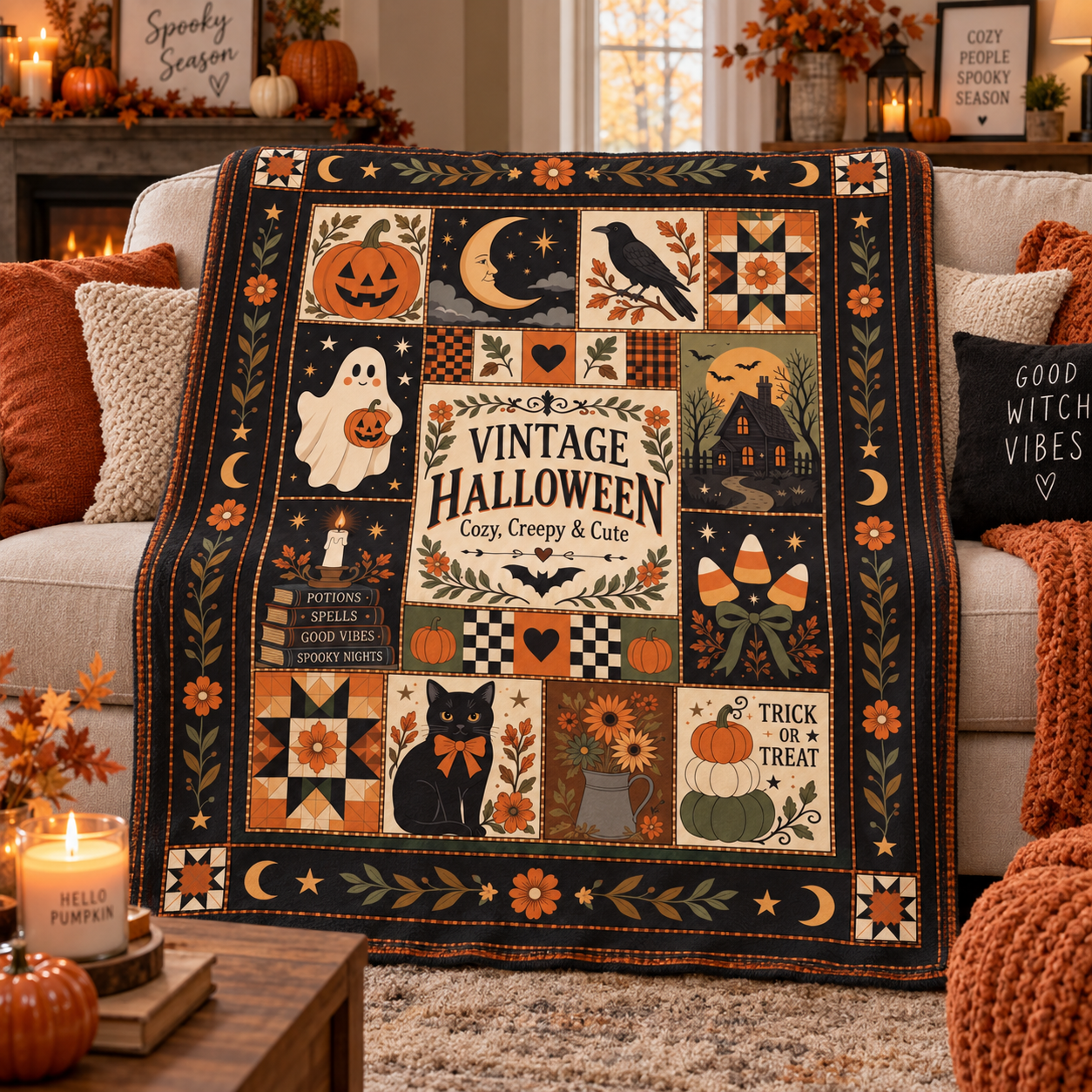 Vintage Halloween Blanket, Patchwork Halloween Throw Blanket, Black Cat Ghost Pumpkin Quilt, Cozy Creepy Cute Halloween Decor - Image 6