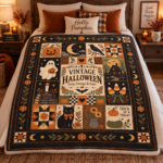 Vintage Halloween Blanket, Patchwork Halloween Throw Blanket, Black Cat Ghost Pumpkin Quilt, Cozy Creepy Cute Halloween Decor - Thumbnail Image 7