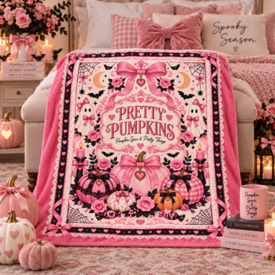 Alternative view of Pink Pumpkin Halloween Blanket, Pretty Pumpkins Coquette Throw Blanket, Pumpkin Spice & Pretty Things, Girly Spooky Fall Decor