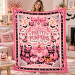 Pink Pumpkin Halloween Blanket, Pretty Pumpkins Coquette Throw Blanket, Pumpkin Spice & Pretty Things, Girly Spooky Fall Decor - Thumbnail Image 3