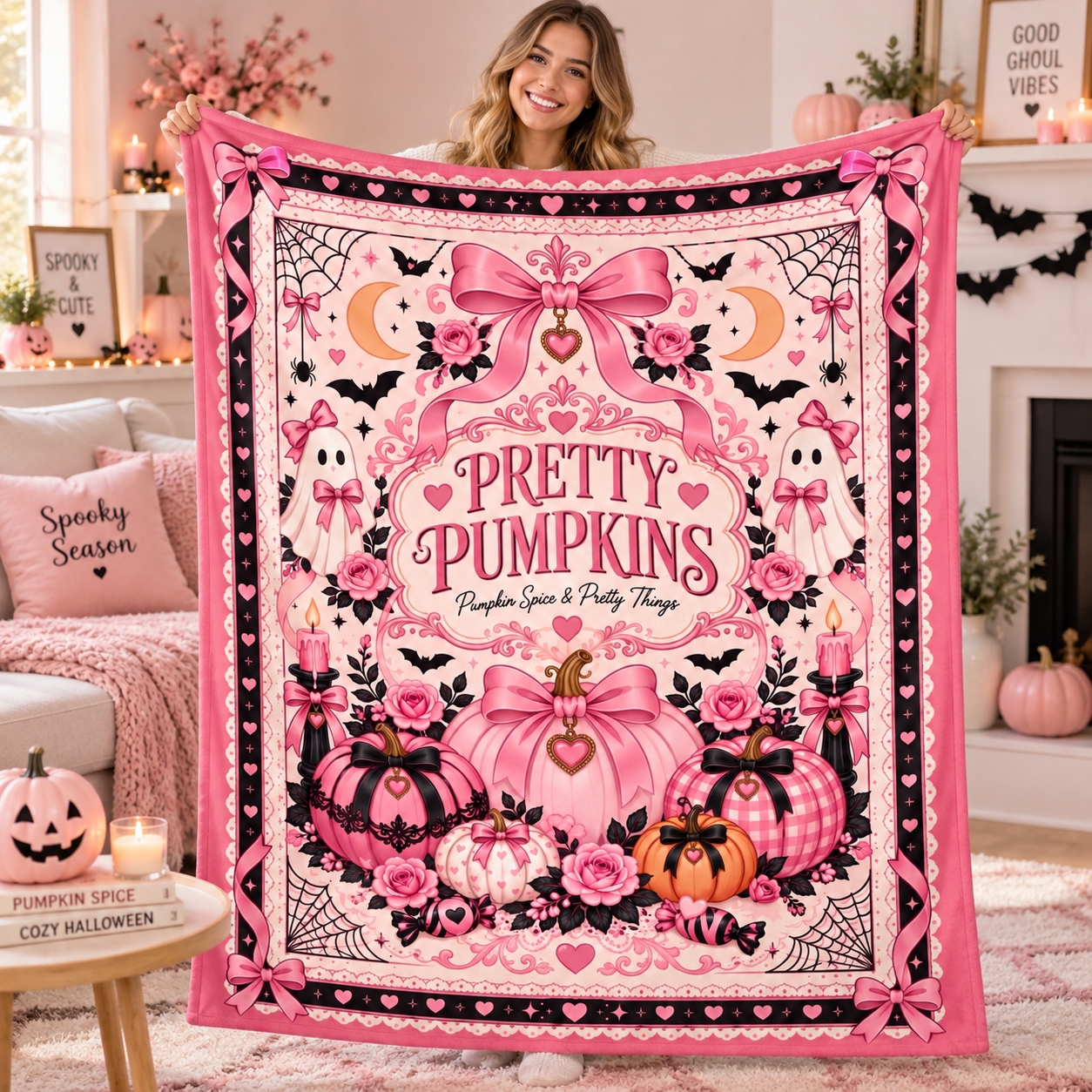 Pink Pumpkin Halloween Blanket, Pretty Pumpkins Coquette Throw Blanket, Pumpkin Spice & Pretty Things, Girly Spooky Fall Decor - Image 3
