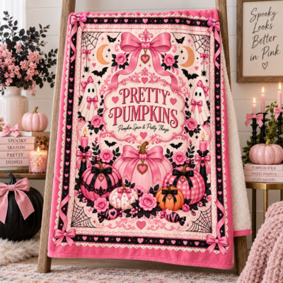 Pink Pumpkin Halloween Blanket, Pretty Pumpkins Coquette Throw Blanket, Pumpkin Spice & Pretty Things, Girly Spooky Fall Decor
