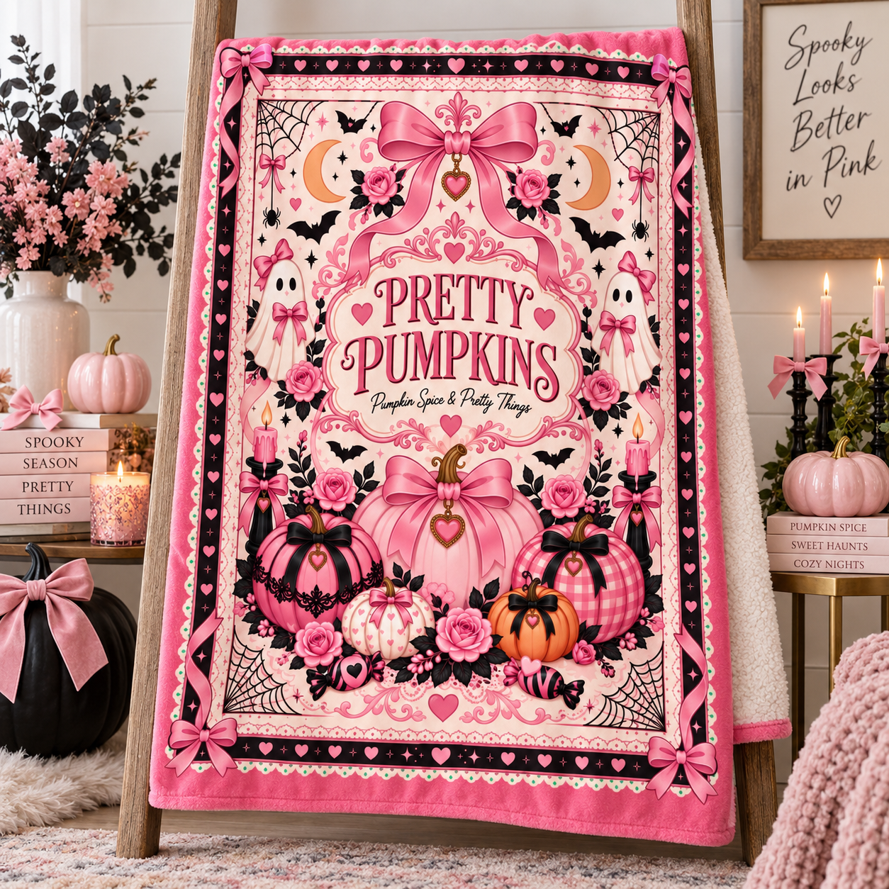 Pink Pumpkin Halloween Blanket, Pretty Pumpkins Coquette Throw Blanket, Pumpkin Spice & Pretty Things, Girly Spooky Fall Decor - Image 1