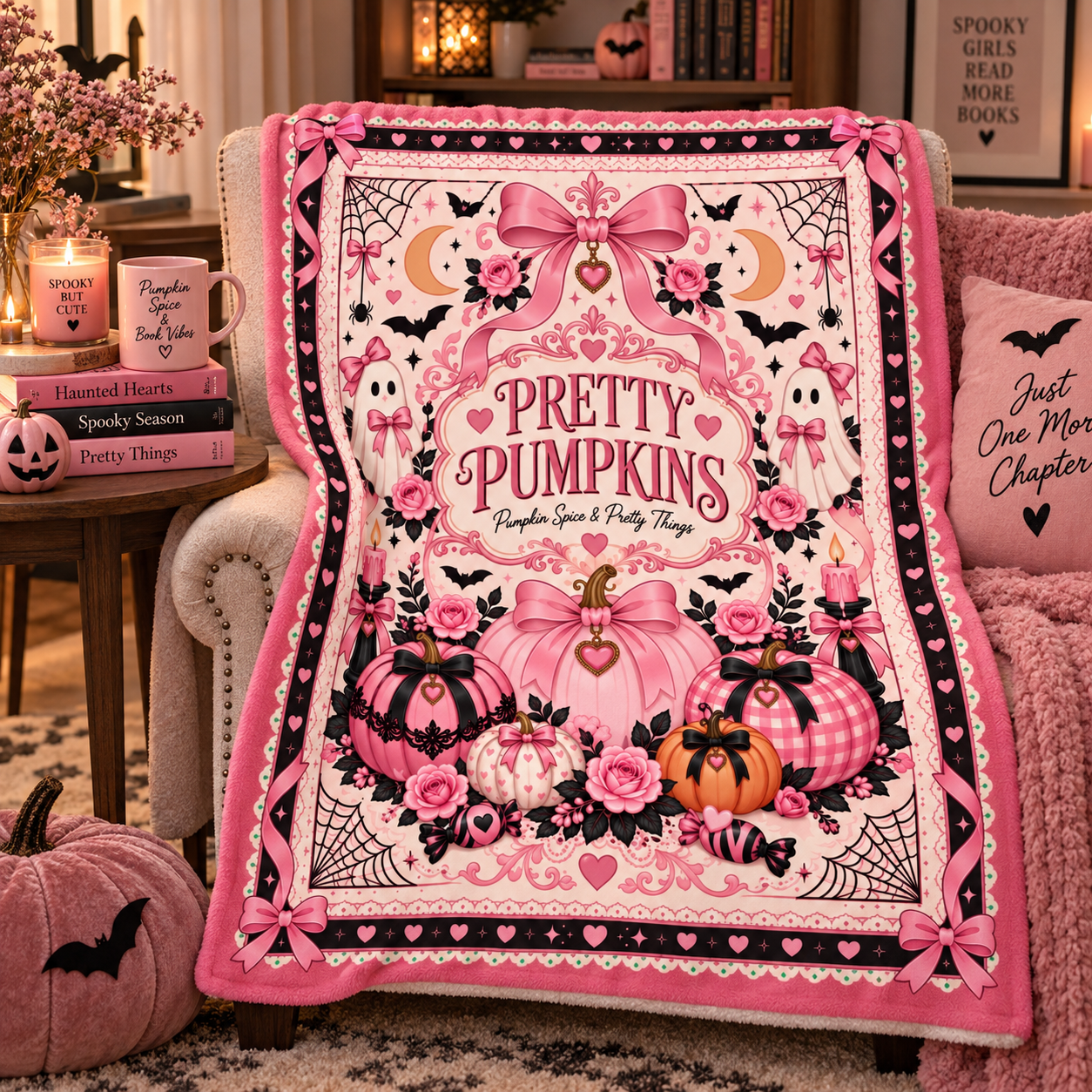 Pink Pumpkin Halloween Blanket, Pretty Pumpkins Coquette Throw Blanket, Pumpkin Spice & Pretty Things, Girly Spooky Fall Decor - Image 5