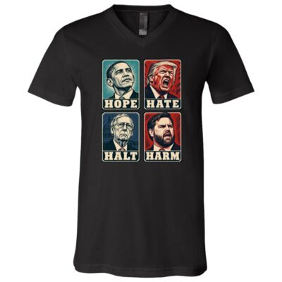 Hope Hate Halt Harm T-Shirt, Retro Political Satire Graphic Tee, Front Print Political Statement Shirt, Black, V-Neck T-Shirt