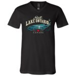 Still Lake Ontario Canada T-Shirt, Vintage Lake Map and Canoe Graphic Tee, Front Print Lake Lover Gift, Black, V-Neck T-Shirt