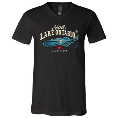 Still Lake Ontario Canada T-Shirt, Vintage Lake Map and Canoe Graphic Tee, Front Print Lake Lover Gift, Black, V-Neck T-Shirt