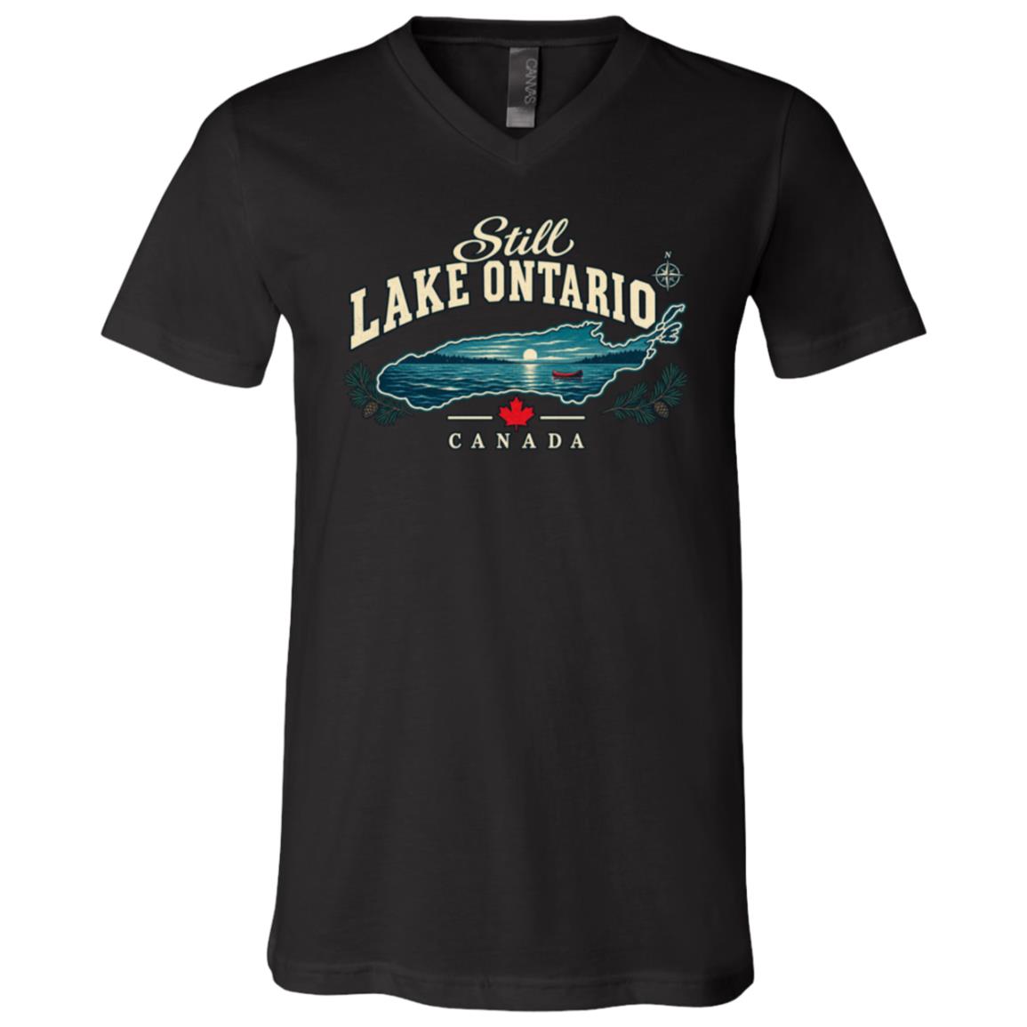 Still Lake Ontario Canada T-Shirt, Vintage Lake Map and Canoe Graphic Tee, Front Print Lake Lover Gift, Black, V-Neck T-Shirt