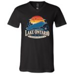 Lake Ontario T-Shirt, Retro Sunset Lake Map Graphic Tee, Freshwater Coast Front Print Lake Life Shirt, Black, V-Neck T-Shirt