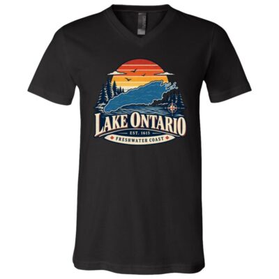 Lake Ontario T-Shirt, Retro Sunset Lake Map Graphic Tee, Freshwater Coast Front Print Lake Life Shirt, Black, V-Neck T-Shirt