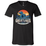 Great Lakes T-Shirt, Five Lakes One Wild Heart Retro Sunset Map Graphic Tee, Front Print Lake Lover Gift, Black, V-Neck T-Shirt