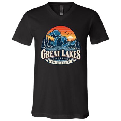 Great Lakes T-Shirt, Five Lakes One Wild Heart Retro Sunset Map Graphic Tee, Front Print Lake Lover Gift, Black, V-Neck T-Shirt