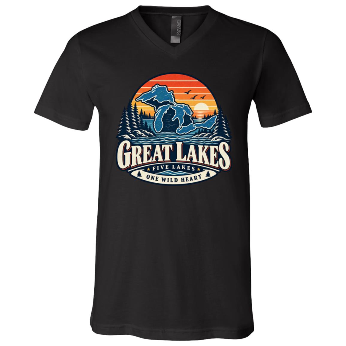 Great Lakes T-Shirt, Five Lakes One Wild Heart Retro Sunset Map Graphic Tee, Front Print Lake Lover Gift, Black, V-Neck T-Shirt