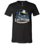 Lake Ontario Lighthouse T-Shirt, After Sunset Moonlight Graphic Tee, Front Print Nautical Lake Lover Gift, Black, V-Neck T-Shirt