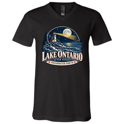 Lake Ontario Lighthouse T-Shirt, After Sunset Moonlight Graphic Tee, Front Print Nautical Lake Lover Gift, Black, V-Neck T-Shirt