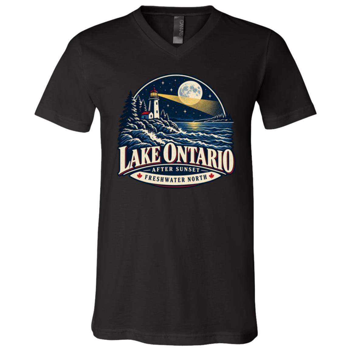 Lake Ontario Lighthouse T-Shirt, After Sunset Moonlight Graphic Tee, Front Print Nautical Lake Lover Gift, Black, V-Neck T-Shirt
