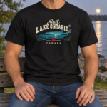 Still Lake Ontario Canada T-Shirt, Vintage Lake Map and Canoe Graphic Tee, Front Print Lake Lover Gift - Thumbnail Image 2