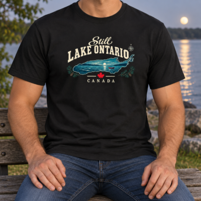 Alternative view of Still Lake Ontario Canada T-Shirt, Vintage Lake Map and Canoe Graphic Tee, Front Print Lake Lover Gift